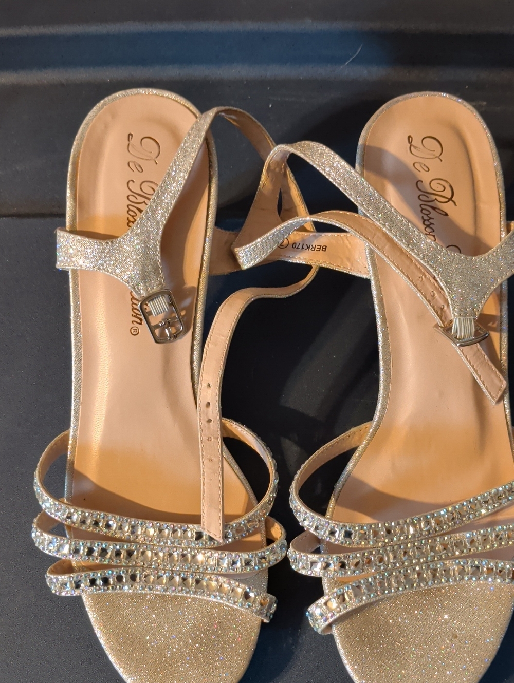 De Blossom Collection Glitter Rhinestone Strappy Heels in Gold